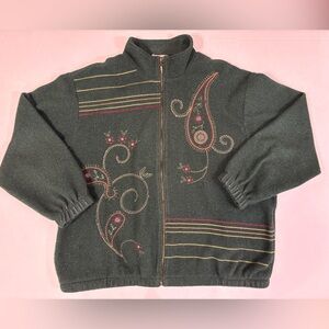 Alfred Dunner Dark Green Embroidered Zip-Front Jacket with Pink & Gold Accents
